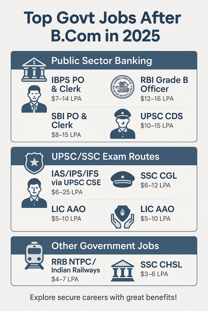 After B.Com Govt Jobs categorized into Public Sector Banking (IBPS PO & Clerk, SBI PO & Clerk, RBI Grade B Officer, UPSC CDS), UPSC/SSC Exam Routes (IAS/IPS/IFS via UPSC CSE, SSC CGL, LIC AAO) and Other Government Jobs (RRB NTPC/Indian Railways, SSC CHSL), each with corresponding icons and salary ranges.