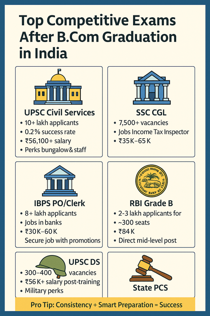 Infographic titled ‘Top Competitive Exams After B.Com Graduation in India’ showcasing six exam options for After B.Com Govt Jobs: UPSC Civil Services (10+ lakh applicants, 0.2% success, ₹56,100+ salary, bungalow & staff), SSC CGL (7,500+ vacancies, Income Tax Inspector, ₹35K–₹65K), IBPS PO/Clerk (8+ lakh applicants, bank roles, ₹30K–₹60K, promotions), RBI Grade B (2–3 lakh applicants, ~300 seats, ₹84K, mid-level entry), UPSC CDS (300–400 vacancies, ₹56K+ post-training, military perks), and State PCS (state exams, ₹40K–₹70K, Tehsildar & officer roles), with a footer pro tip: ‘Consistency + Smart Preparation = Success’.
