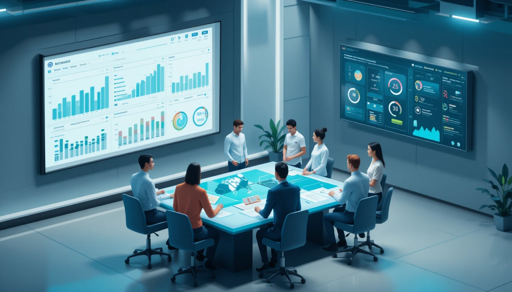 A digital landscape illustration showing different types of marketing information systems features, including a dashboard with analytics charts, a team analyzing customer behavior, and alerts for market changes—highlighting how MIS supports better decisions, customer insights, and cost-effective planning.