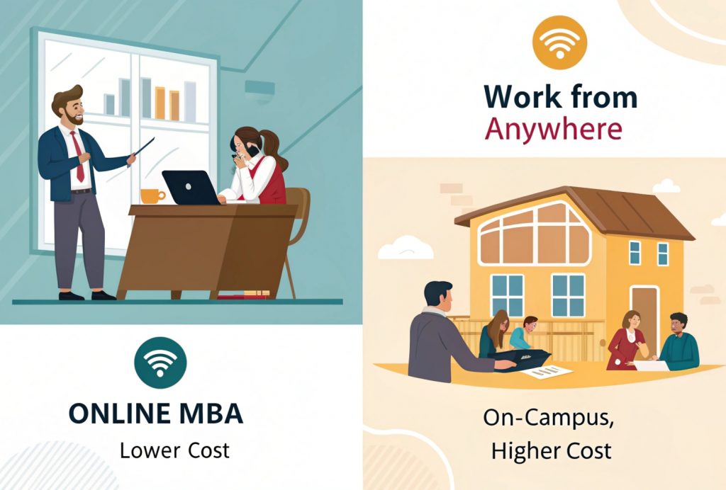 Side-by-side comparison of online MBA and traditional MBA formats, showing differences in flexibility, cost, learning environment, and networking opportunities.