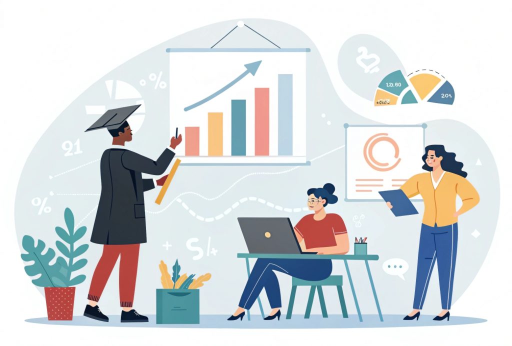 Illustration of professionals in roles like marketing, finance, HR, and product management, showcasing the diverse career prospects after earning an MBA degree online in 2025.