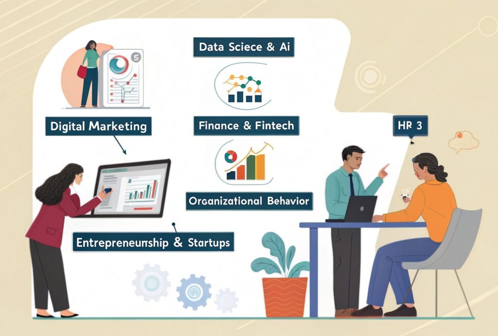 Illustration of professionals representing top online MBA specializations in 2025, including Data Science, Digital Marketing, Finance, HR, and Entrepreneurship.