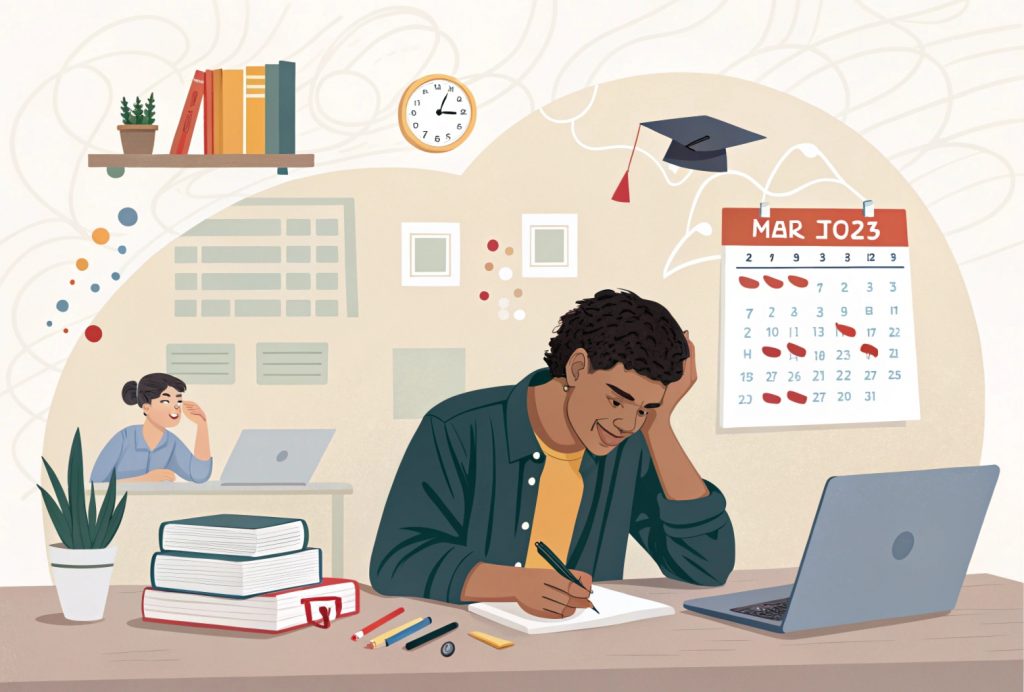 Illustration of an online MBA student managing time, facing home distractions, attending virtual mentorship sessions, and overcoming challenges like self-discipline and perceived employer bias.