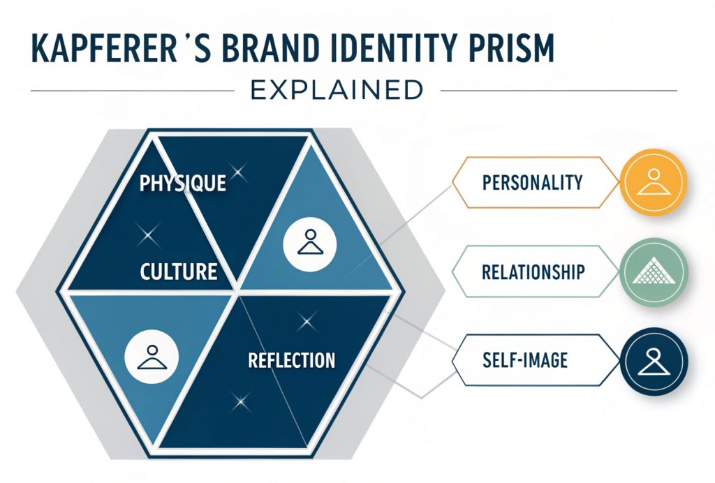 Diagram of Kapferer’s Brand Identity Prism showing six elements: Physique, Personality, Culture, Relationship, Reflection, and Self-Image, divided into internal and external brand aspects