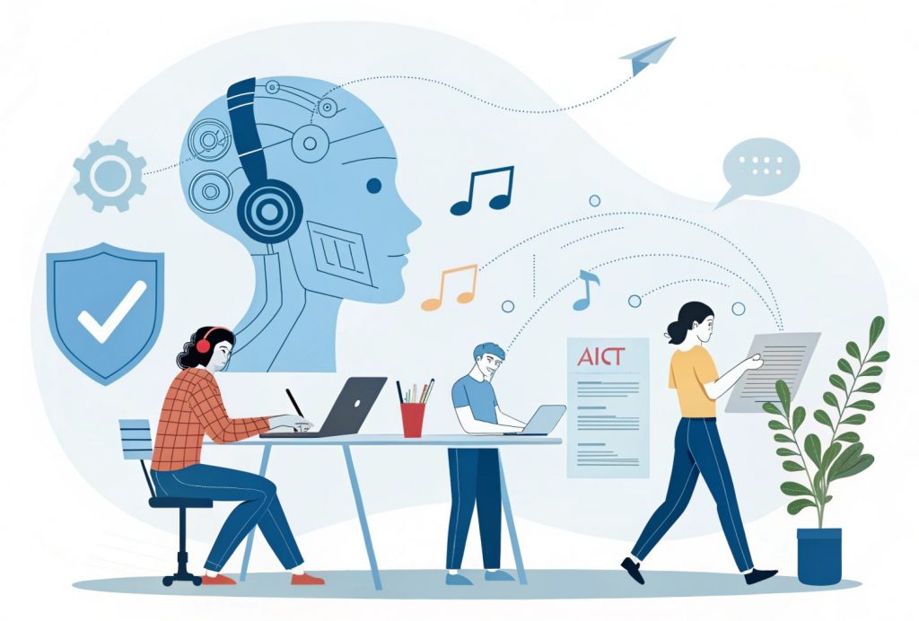 Illustration showing the main goals of generative AI, with a humanoid AI creating text, art, music, and code, surrounded by diverse users leveraging AI tools in a futuristic setting
