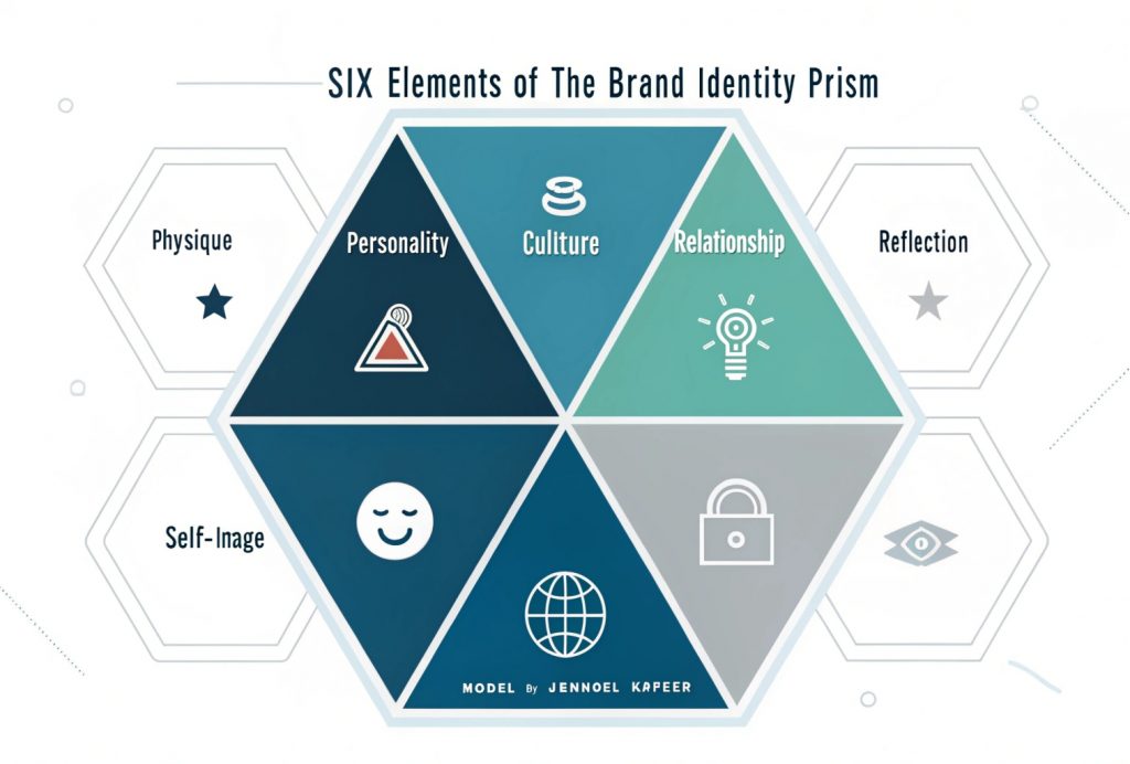 Infographic of Kapferer’s Brand Identity Prism showing six elements — Physique, Personality, Culture, Relationship, Reflection, and Self-Image — grouped into internal and external brand identity categories