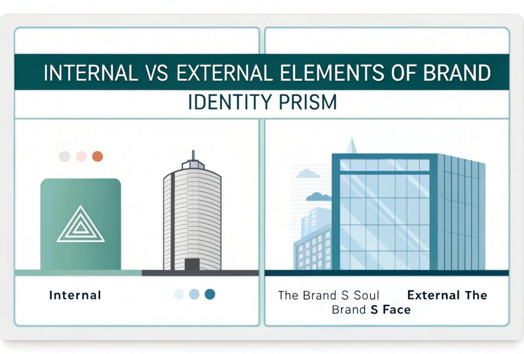 Comparison infographic showing the internal and external elements of Kapferer’s Brand Identity Prism. Internal elements include Personality, Culture, and Self-Image. External elements include Physique, Relationship, and Reflection, representing the brand’s soul and face.