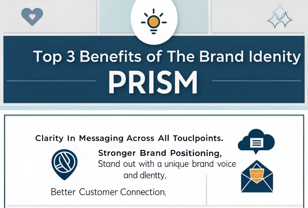 Infographic showing three key benefits of using the Brand Identity Prism: Clarity in messaging, stronger brand positioning, and better customer connection, each with icons and short descriptions.