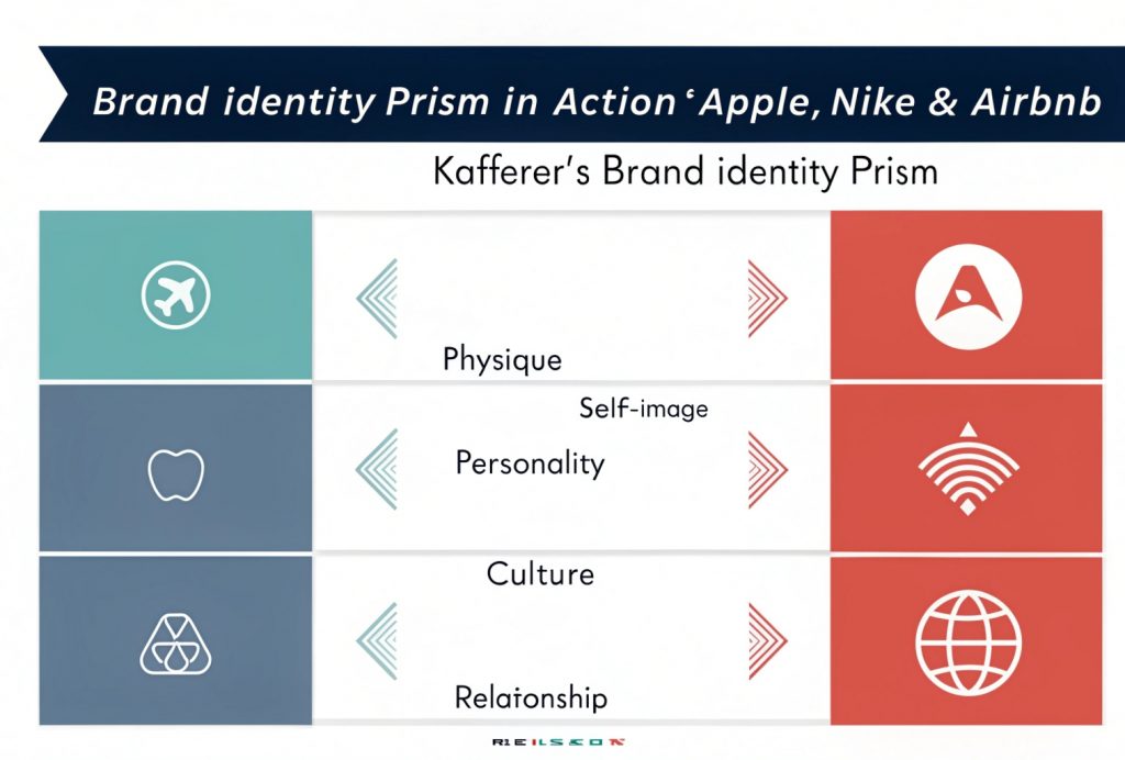 Infographic showing the Brand Identity Prism applied to Apple, Nike, and Airbnb, highlighting six elements for each brand: Physique, Personality, Culture, Relationship, Reflection, and Self-Image.