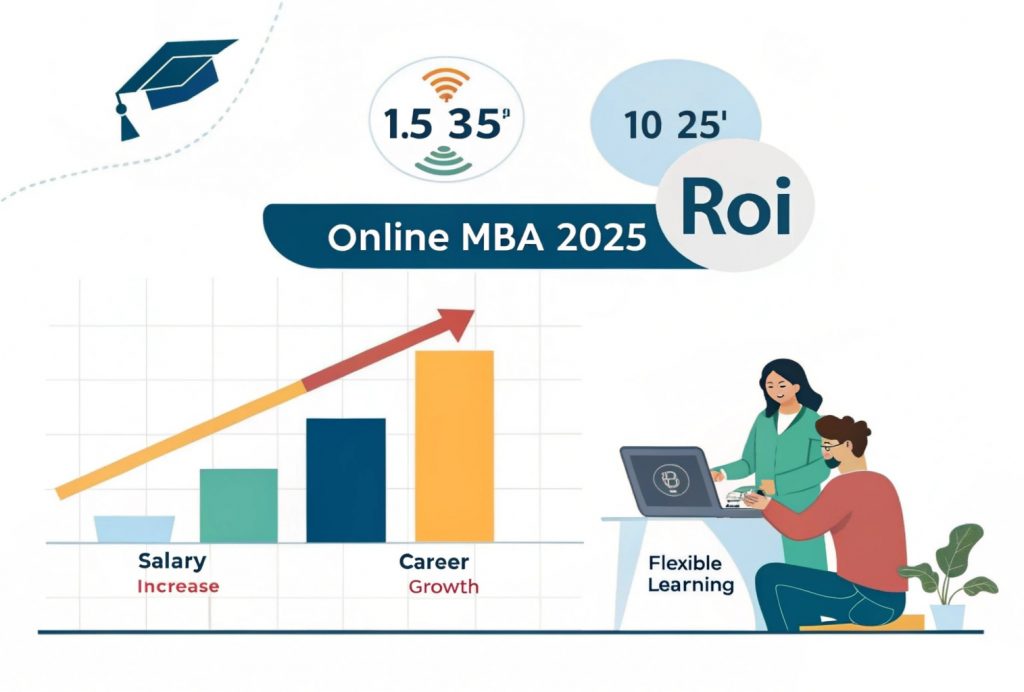 Infographic illustrating the ROI of an MBA degree online in 2025, comparing costs, salary growth, and real career success stories in marketing, tech, and HR.