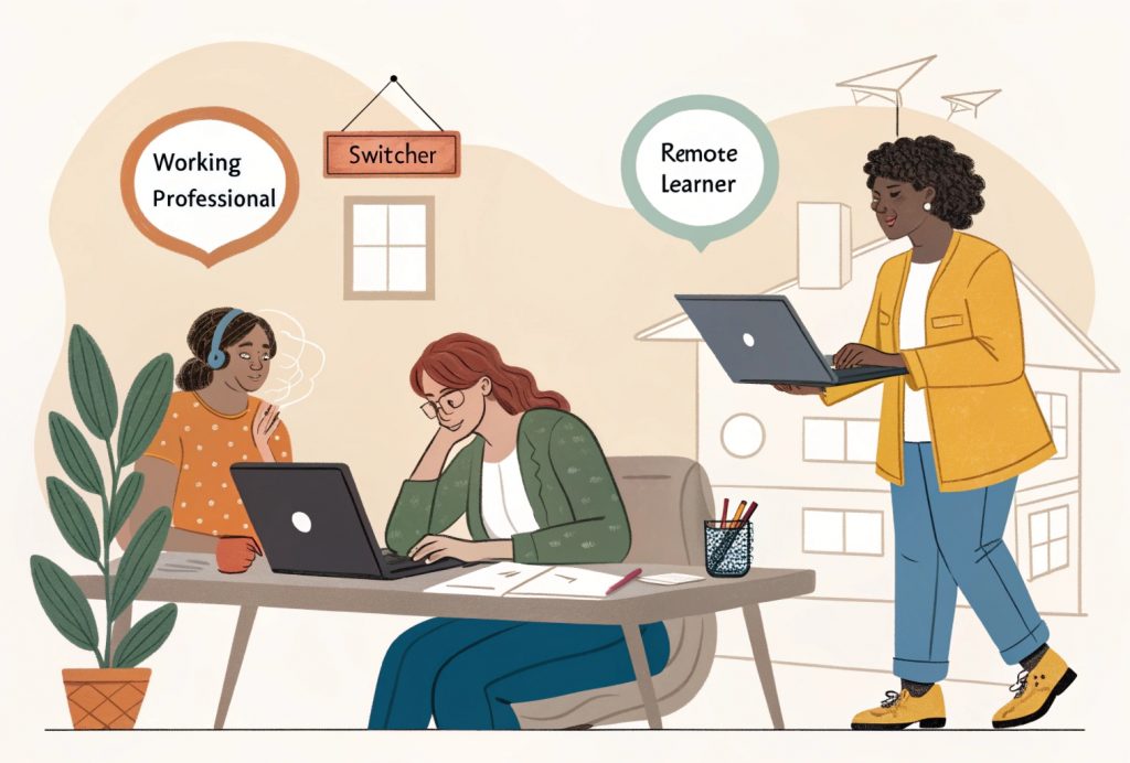 Illustration showing working professionals, career switchers, and remote learners benefiting from an MBA degree online in 2025, highlighting flexibility and upskilling opportunities.