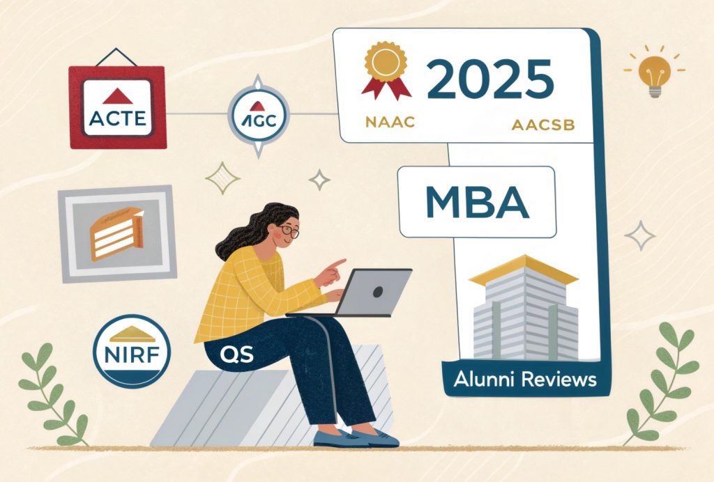 Illustration of a student evaluating an MBA degree online program by checking accreditations like AICTE, UGC, NAAC, and AACSB, along with rankings and alumni reviews.