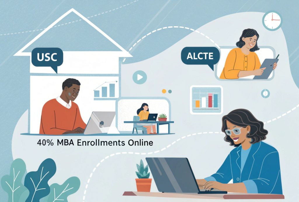 Professionals attending virtual classes from various locations, highlighting the growth and flexibility of MBA degree online programs in 2025.