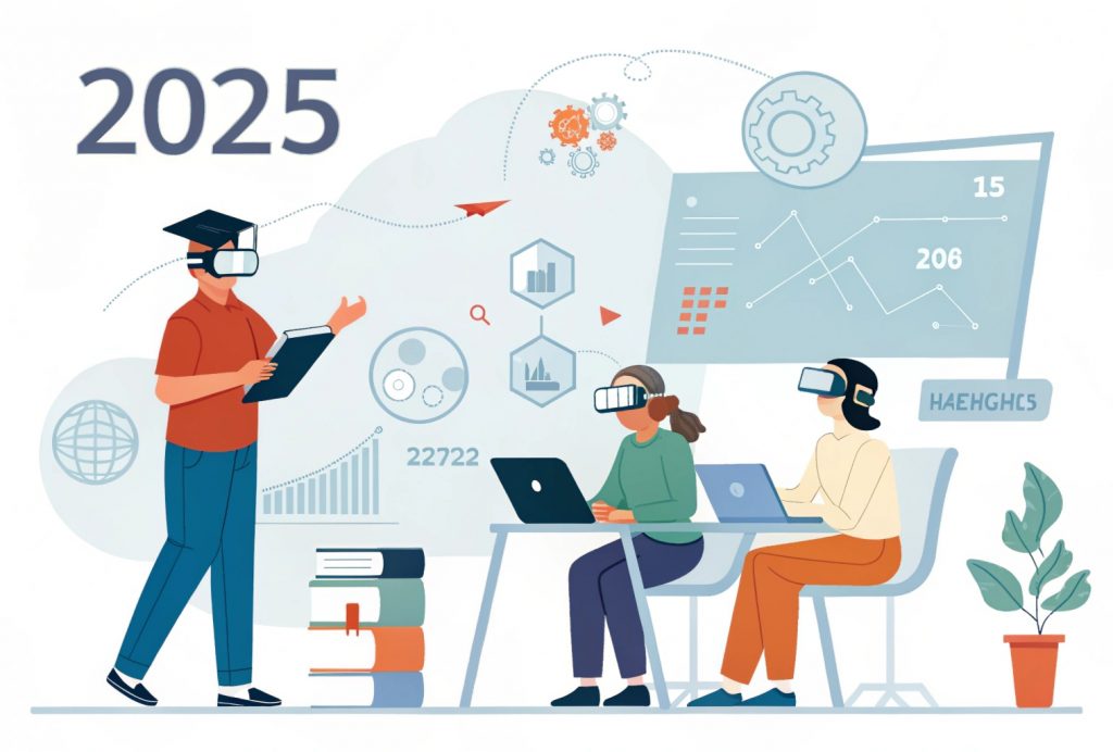 Illustration of students using AI tools, VR simulations, and modern LMS platforms in an online MBA program, highlighting technological advancements in virtual learning in 2025.