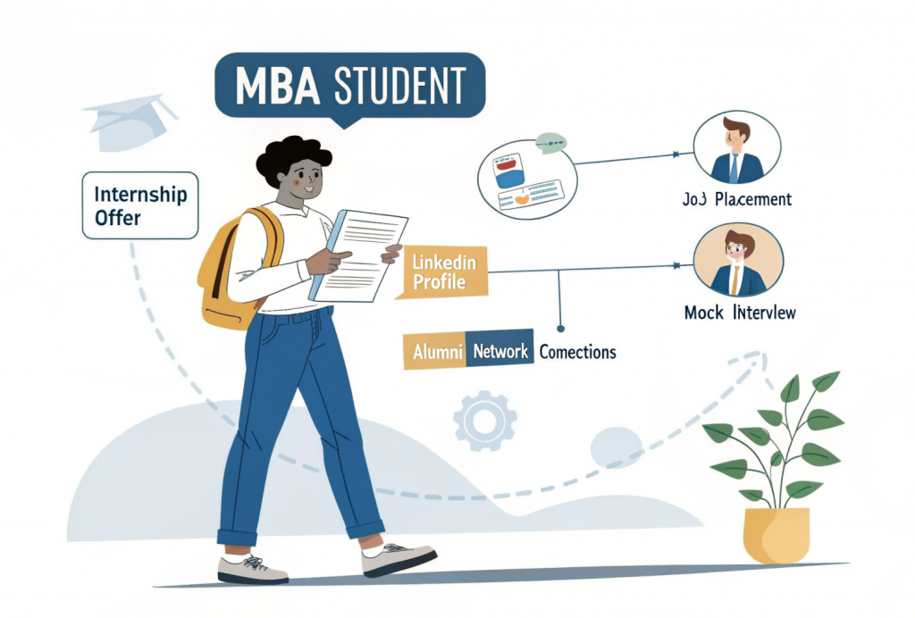 Online MBA student holding a resume, surrounded by symbols of career support like internship offers, job placement help, LinkedIn optimization, mock interviews, and alumni network. Partner company logos and a career support desk are visible in the background.