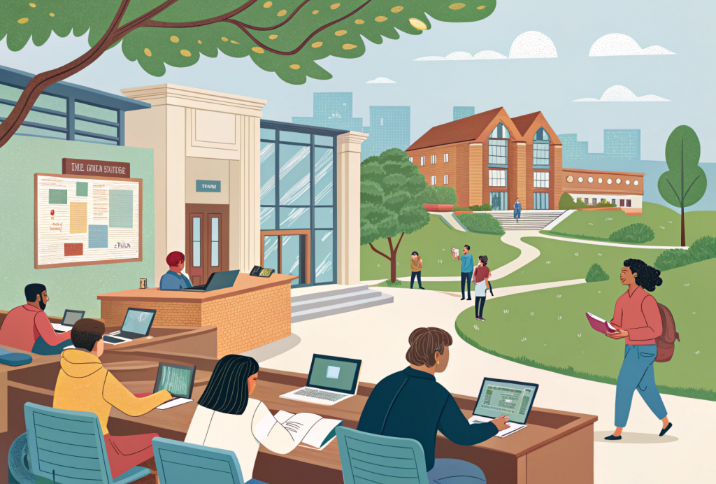 Traditional college classroom with BBA students attending a lecture and interacting on campus — showcasing the contrast with the flexibility of an online BBA degree