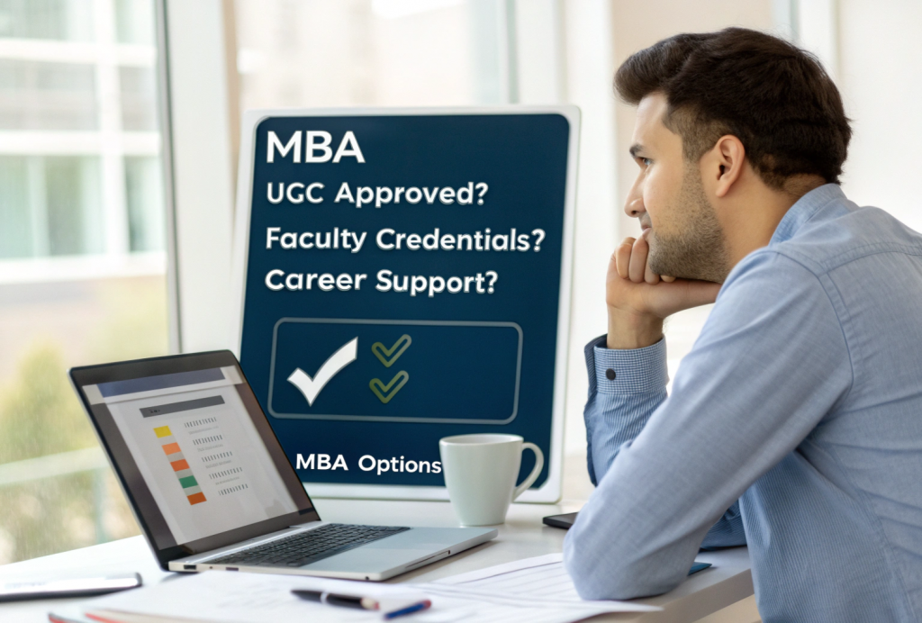A student comparing two online MBA programs on laptops, showing the mistakes to avoid while online MBA selection—like ignoring approvals, falling for ads, and skipping placement checks.