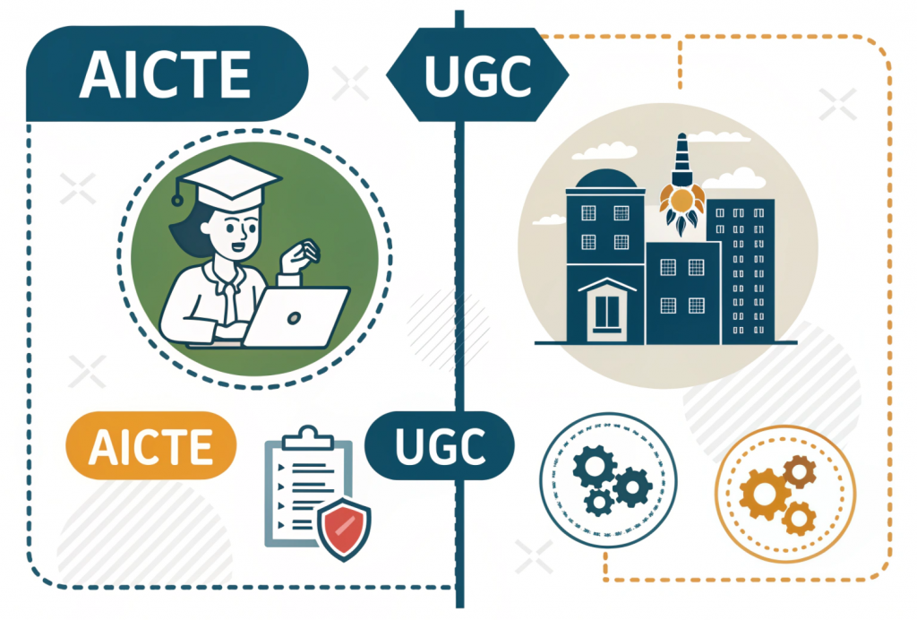 Infographic comparing AICTE and UGC for online MBA in India. Shows AICTE as the technical course regulator for standalone institutions, and UGC as the university authority that grants degree recognition and is essential for online MBA approval.
