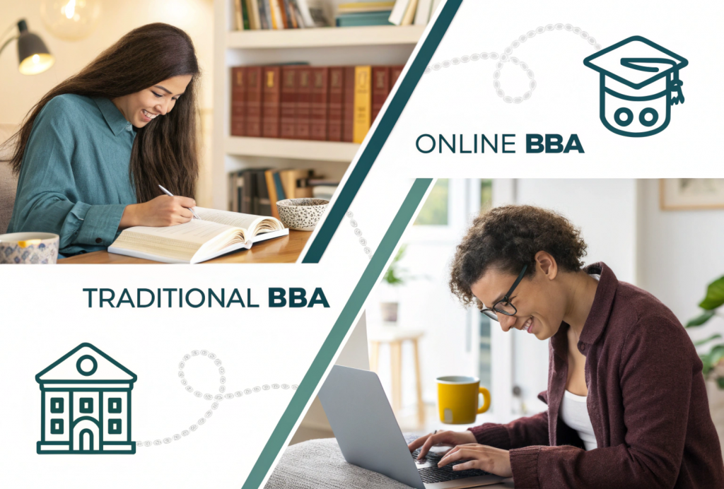 Visual comparison of traditional vs online BBA degree costs, highlighting tuition, accommodation, and digital affordability