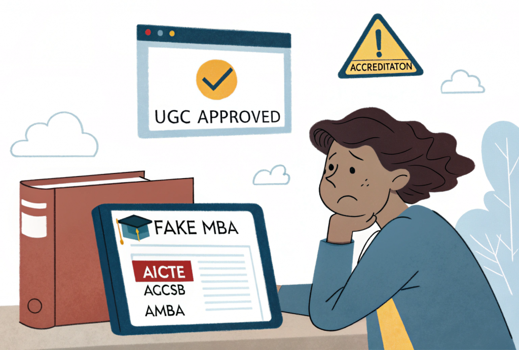 A student checking accreditation of an online MBA program, highlighting mistakes to avoid while online MBA selection—like skipping UGC or AICTE approval and falling for unrecognized courses.