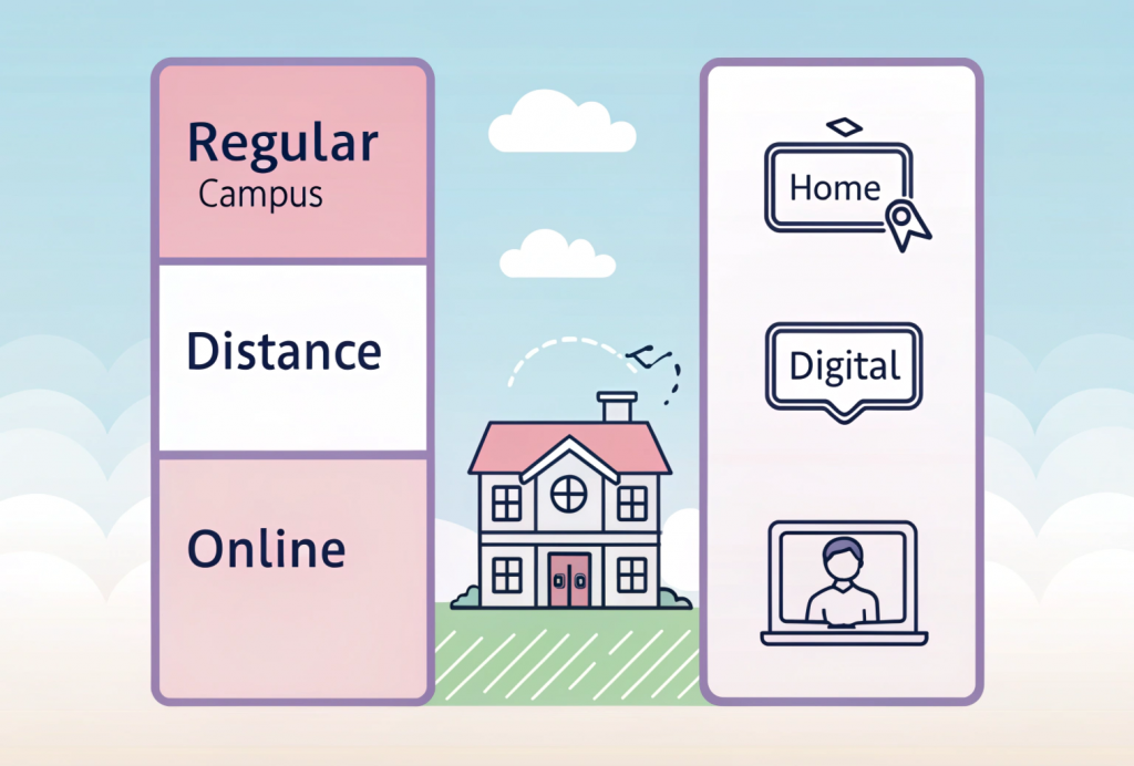 Simple visual showing difference between online, distance, and regular degrees using minimal graphics and icons—explaining is online degree valid in India.