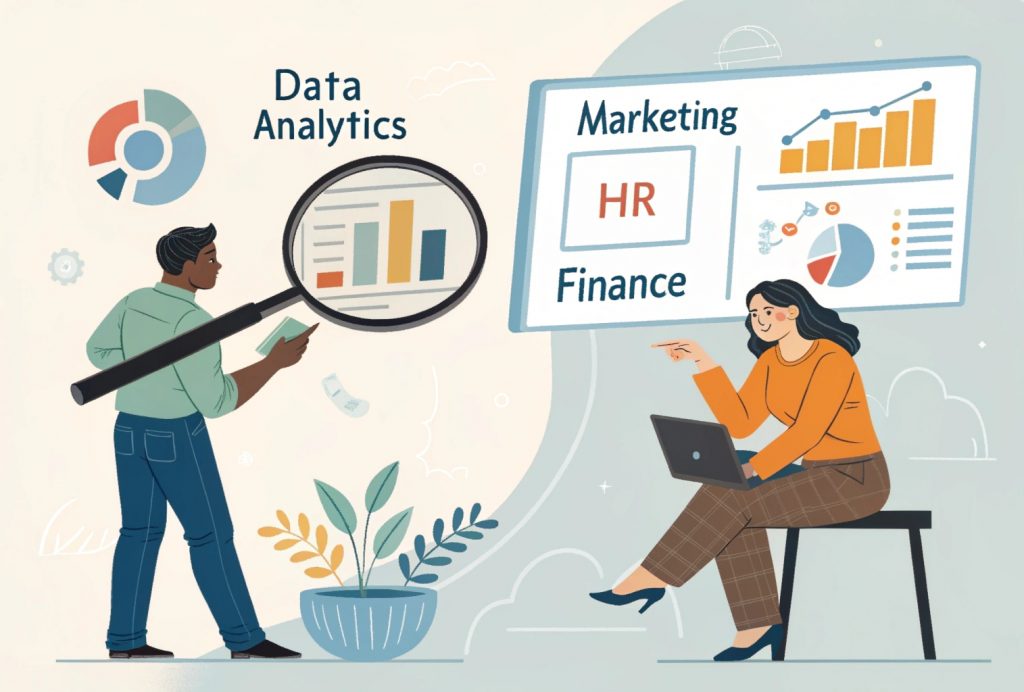 Split-screen image showing an IT professional exploring Data Analytics and a marketing executive reviewing digital strategy. Specializations like Marketing, HR, Finance, and Data Analytics are highlighted in the background, with a magnifying glass focusing on ‘Data Analytics’.