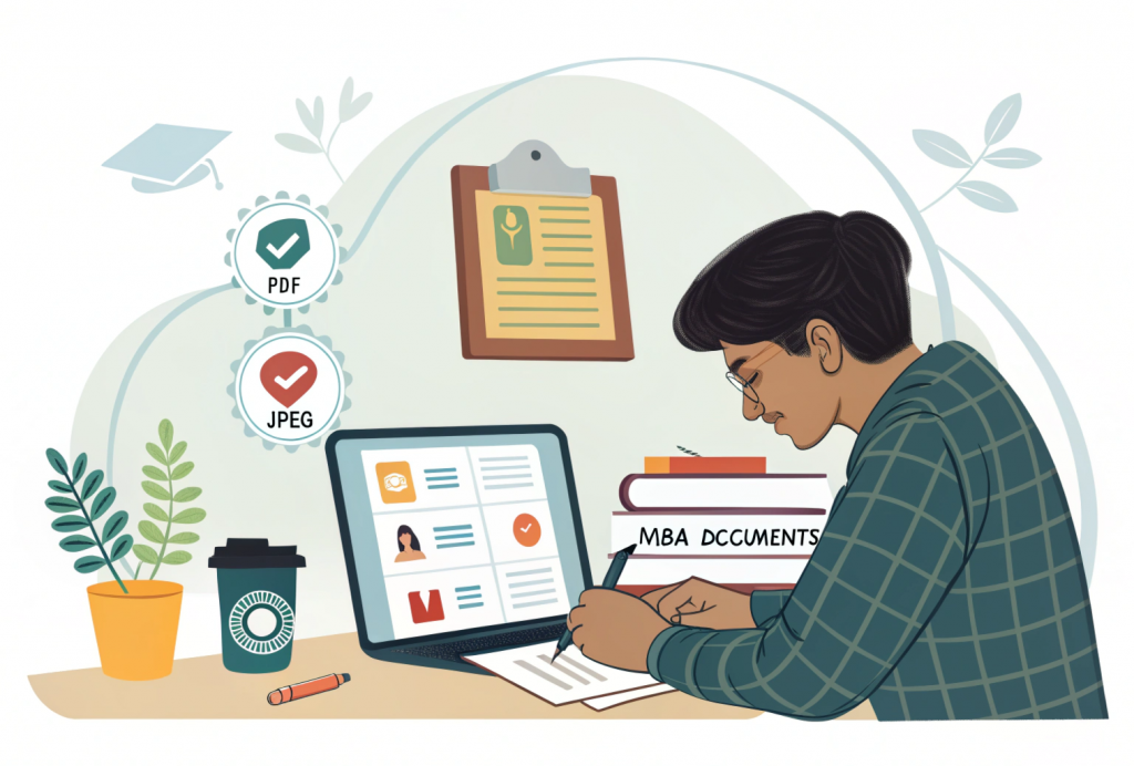 Student organizing documents like mark sheets and ID proof while preparing how to apply for online MBA in India.