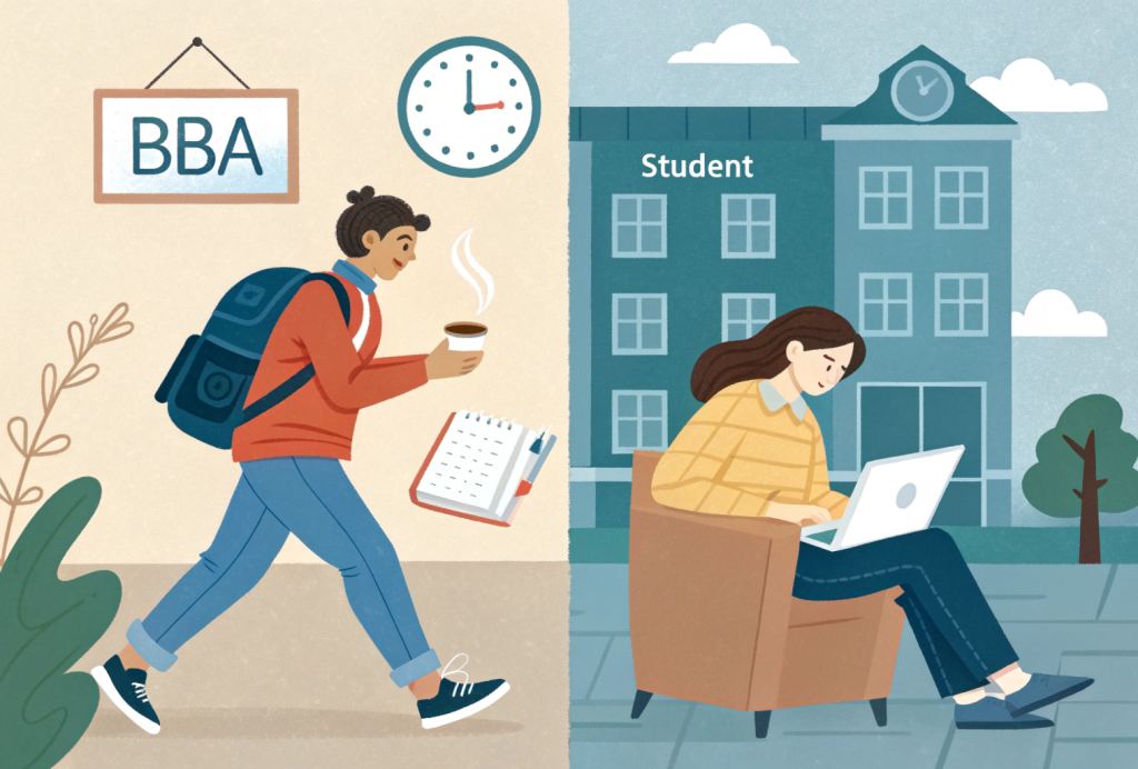Comparison of time flexibility between traditional and online BBA degree programs, showing fixed schedules vs learn-at-your-own-pace freedom