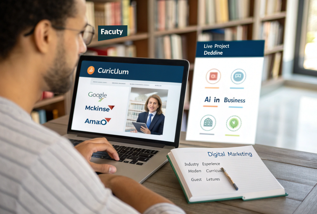 A student reviewing faculty and curriculum details for an online MBA program, highlighting mistakes to avoid while online MBA selection—like ignoring industry experience and outdated course content.