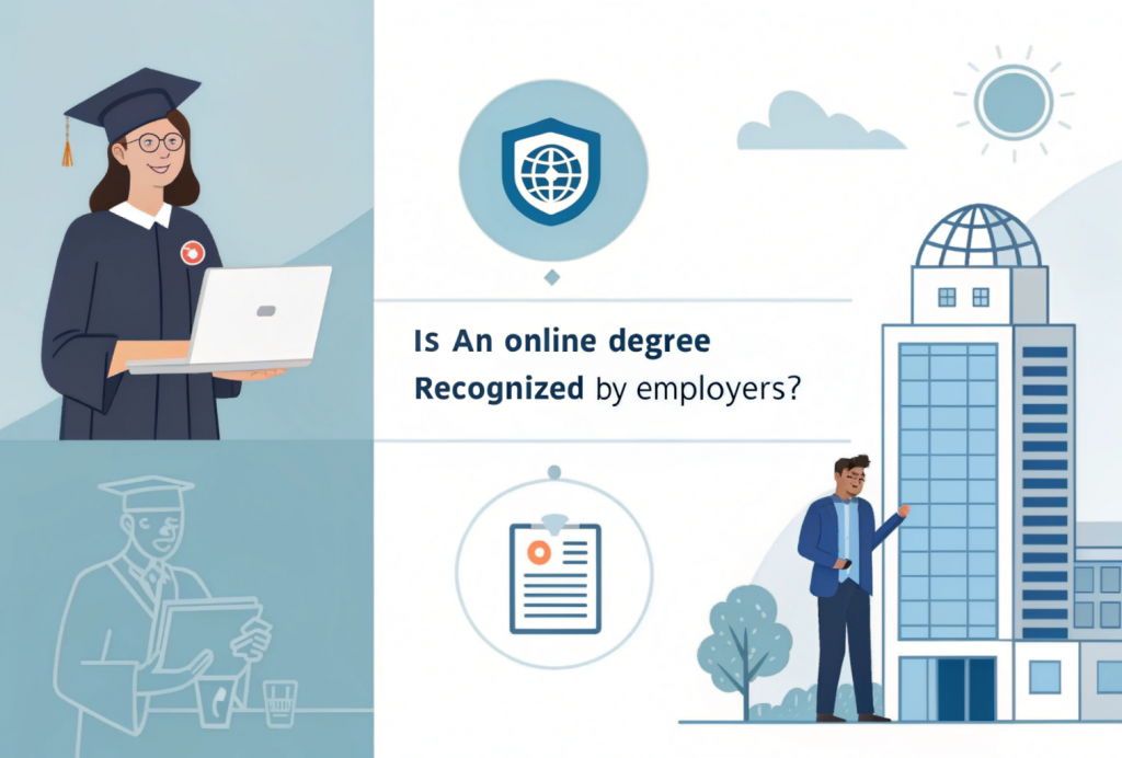 Illustration showing a graduate with an online degree being accepted by an employer—visually answering: is online degree valid in India for job seekers.