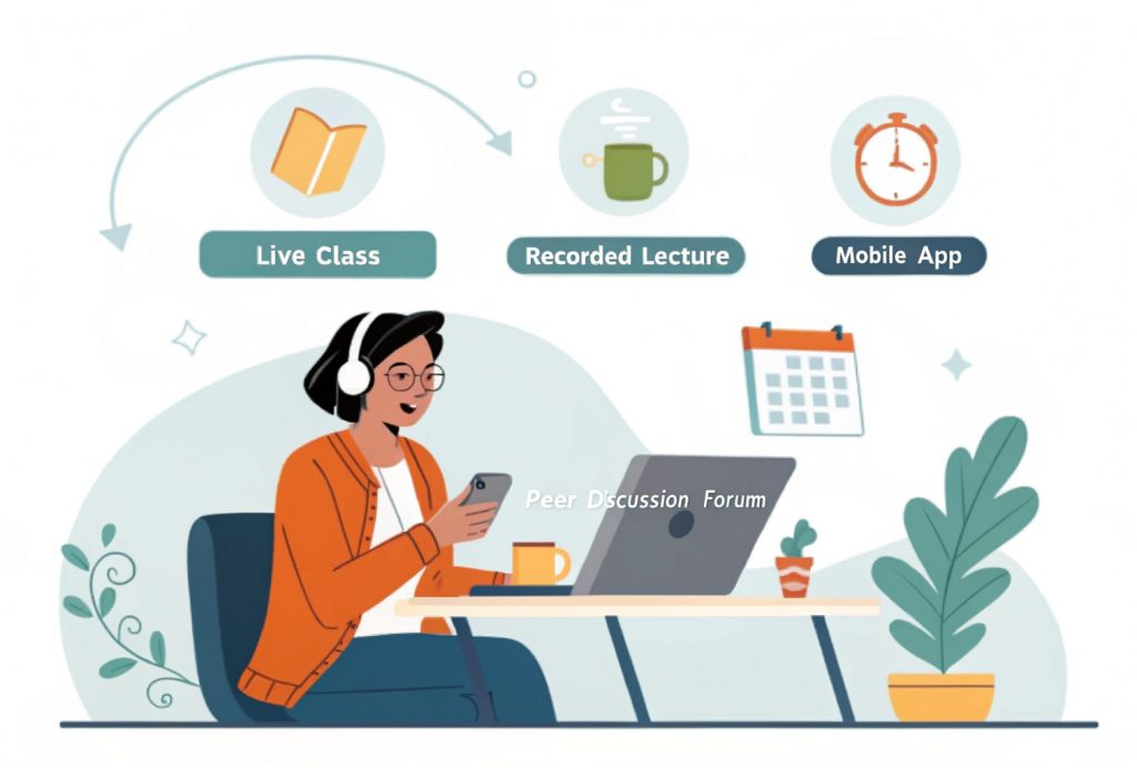 Online MBA student studying with a laptop, surrounded by icons for live classes, recorded lectures, mobile app, and peer discussions. Calendar and clock symbols represent flexible and fixed schedules. The student appears focused and comfortable in a digital learning setup.