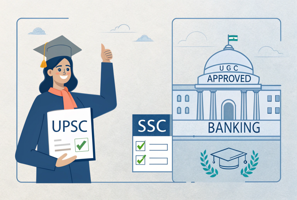 Illustration showing a student with an online degree applying for UPSC and SSC exams—highlighting online degree valid for government jobs in India.