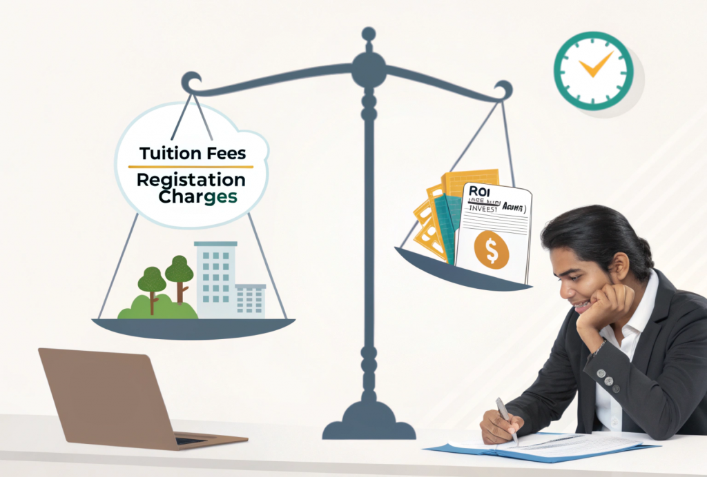 A scale balancing education costs like tuition fees and hidden charges on one side, and job offer, salary growth, and ROI on the other. An Indian professional is reviewing the balance with a calculator and ₹ currency symbols nearby, representing MBA cost vs. return analysis.