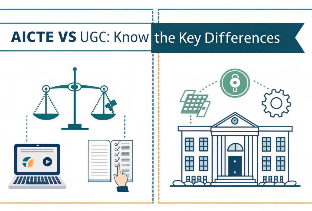 Infographic comparing UGC and AICTE roles in online MBA programs. Shows differences in jurisdiction, online degree approval, and regulatory power. Highlights that UGC approves universities and online MBAs, while AICTE oversees technical institutes but doesn’t grant degrees.