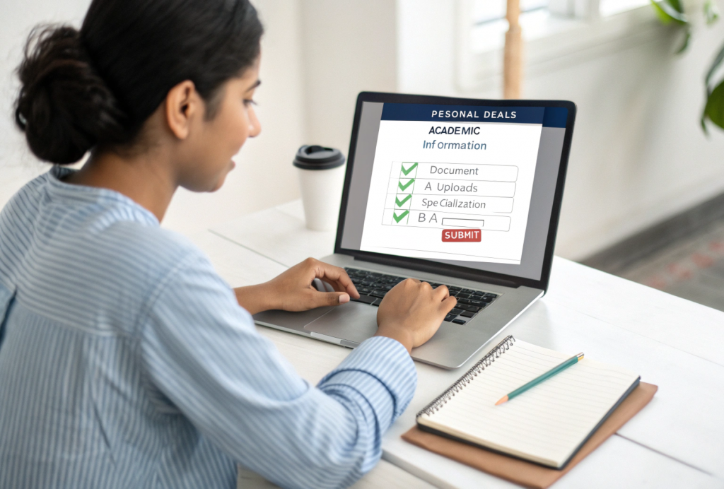 Student carefully filling out online MBA application form with documents ready while learning how to apply for online MBA in India.
