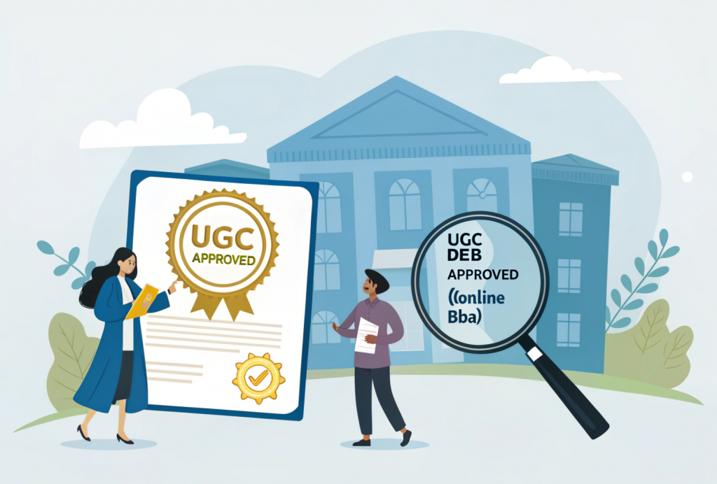 Visual comparison of UGC and UGC-DEB approvals highlighting accreditation importance for online BBA degree programs in India