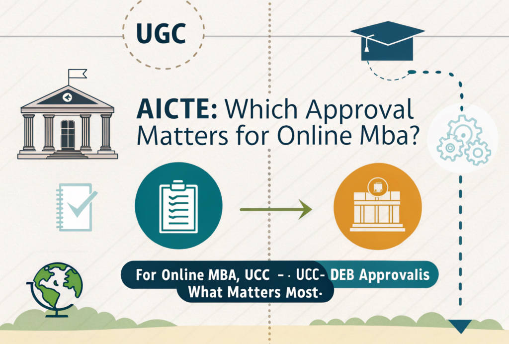 Simple infographic comparing UGC and AICTE for online MBA approval. UGC is shown as mandatory and degree-granting, while AICTE is shown as optional for universities. Message highlights that UGC approval is essential.