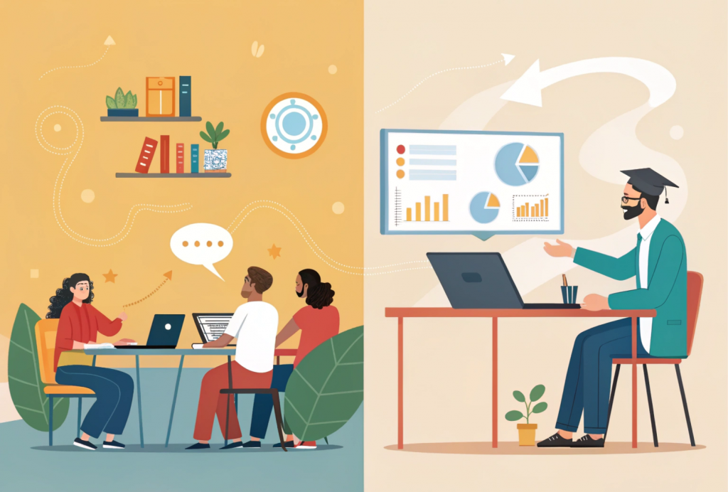 "Side-by-side view of peer interaction and faculty access in traditional vs online BBA degree programs, highlighting practical exposure and collaborative learning