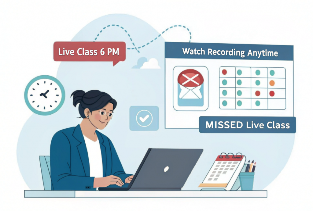 Student comparing live vs recorded online MBA formats, showing mistakes to avoid while online MBA selection—like not checking course flexibility, tech support, or exam scheduling options.