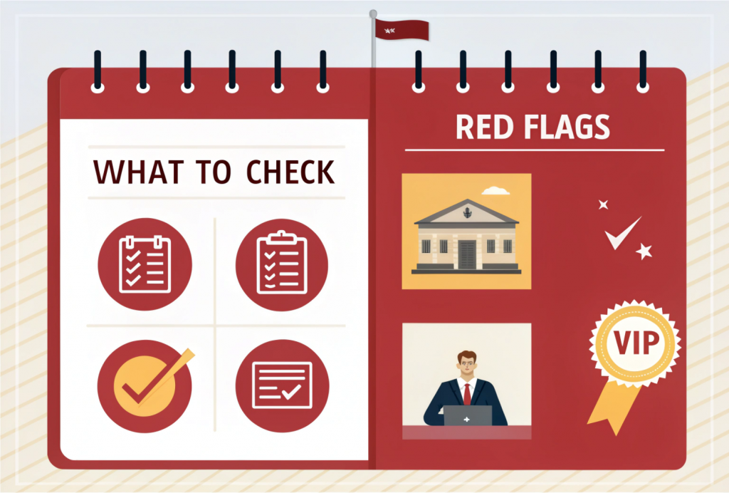Infographic warning about unrecognized online MBA programs. Shows steps to verify approval through UGC-DEB and AICTE, common red flags like fake names and false promises, and a reminder to always check the official portals.