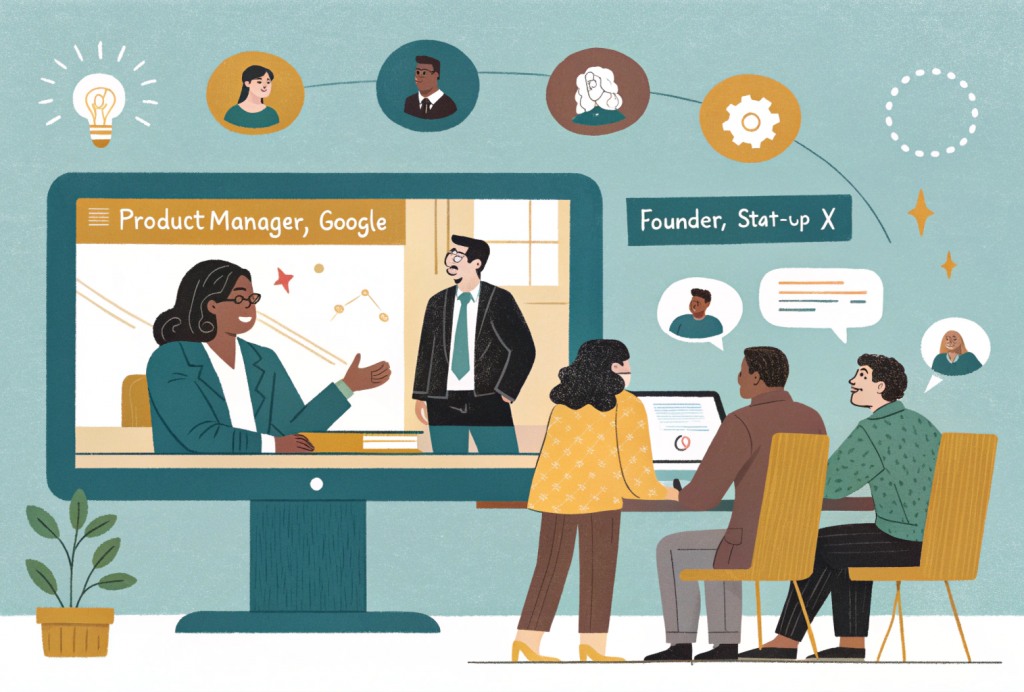 Online MBA students collaborating virtually and engaging with alumni, showing mistakes to avoid while online MBA selection—like ignoring peer networks and alumni connections that impact long-term success.