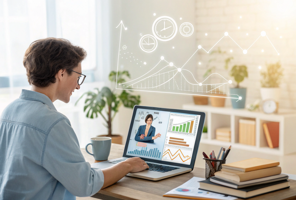 Student attending MBA online without work experience, studying business concepts like marketing and finance from home on a laptop.