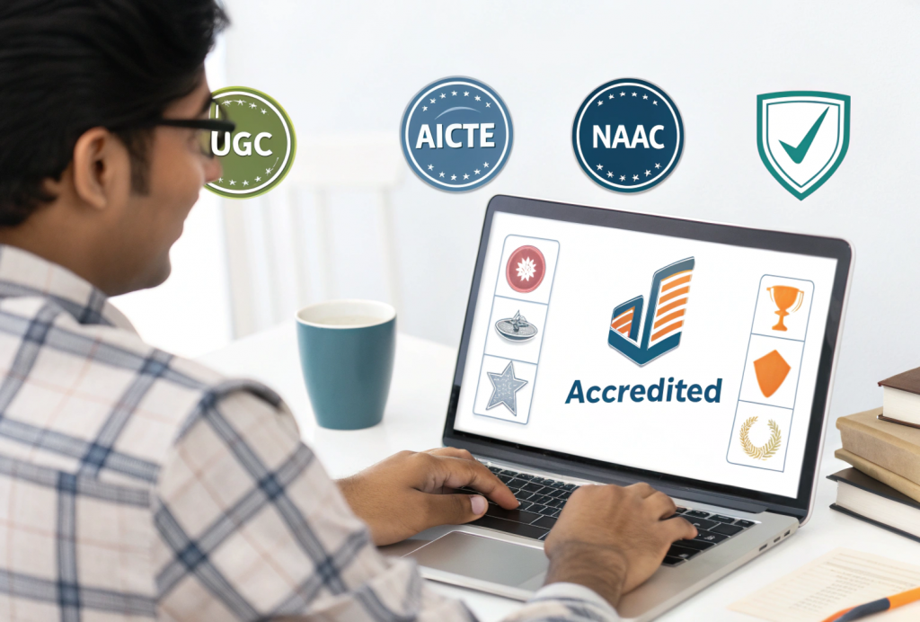 Indian student checking online MBA accreditation on a laptop screen showing UGC, AICTE, and NAAC logos with a checklist confirming accreditation. Study table with books and a coffee cup in the background.