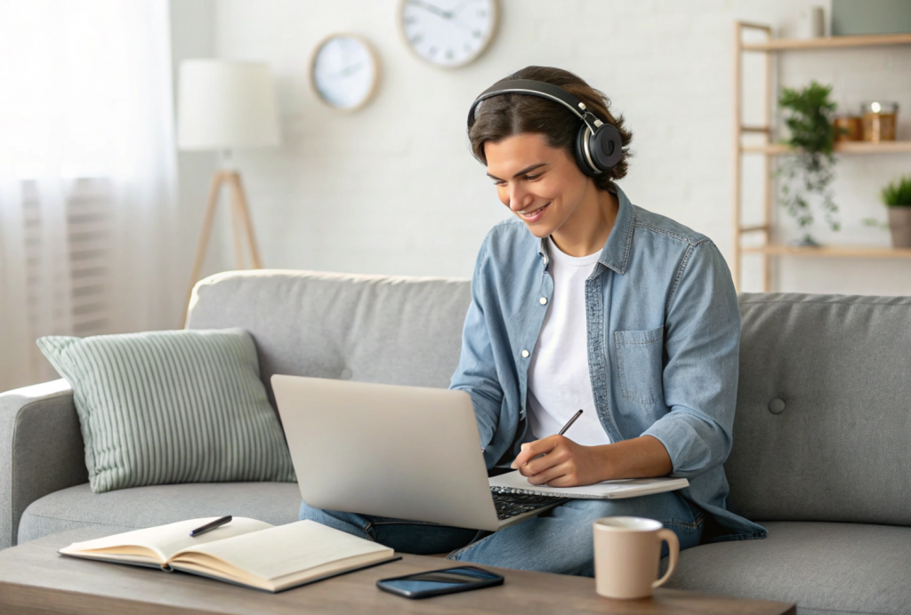 A working professional studying on a laptop from home to earn an MBA online, highlighting flexibility and convenience for busy individuals.