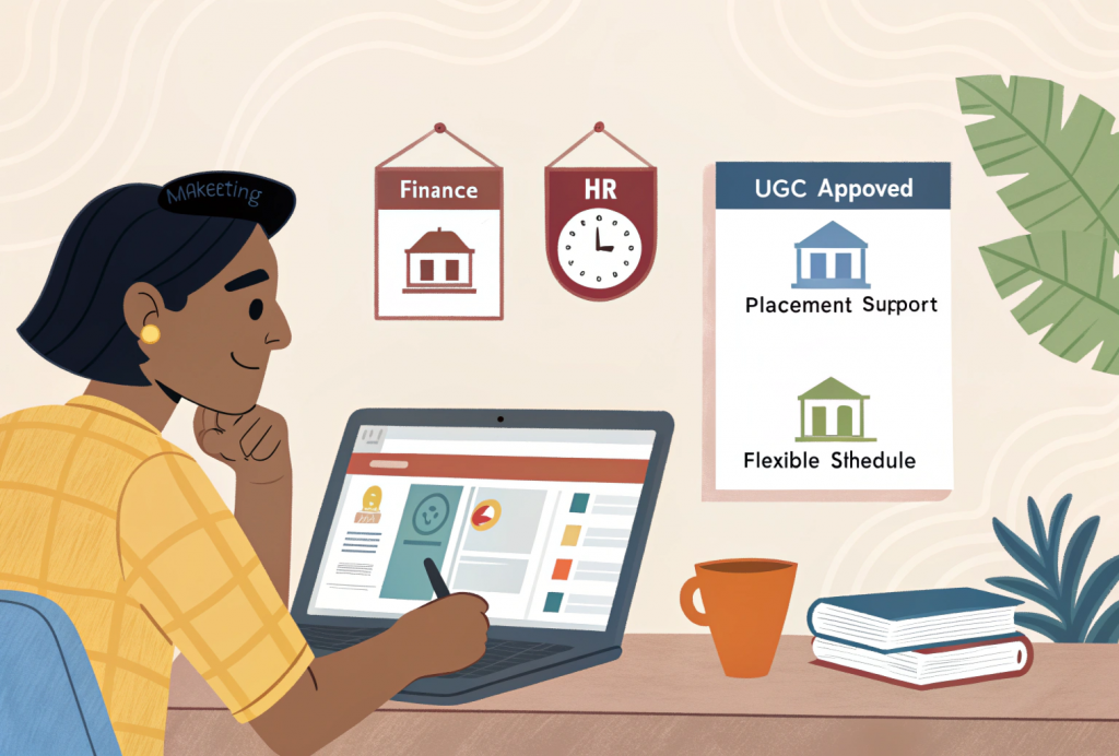 Student researching how to apply for online MBA by comparing UGC-approved programs, specializations, and course features on a laptop.