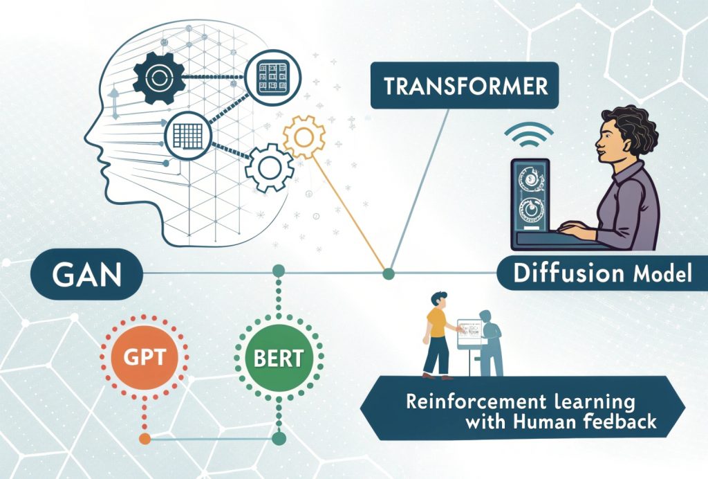 Infographic illustrating the key technologies powering generative AI: GANs with two models competing, Transformer models processing text, Diffusion models transforming noise into images, and RLHF showing AI learning from human feedback