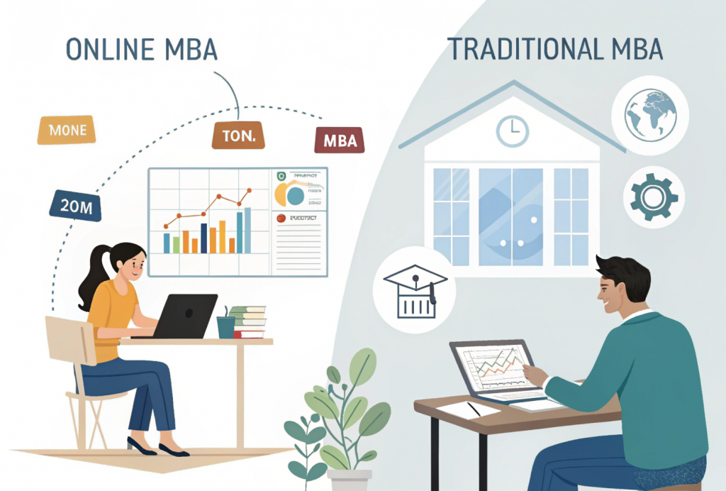 Comparison of MBA online without work experience and traditional MBA, highlighting flexibility, cost, and location differences for students.