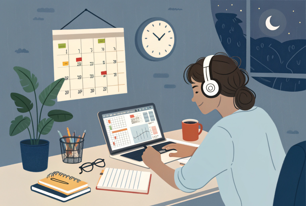 A working professional using time management techniques to earn an MBA online, studying after office hours with a laptop and planner.