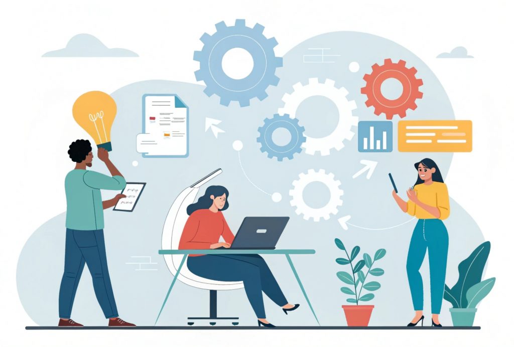 Illustration showing the positive impact of generative AI, with people using AI tools for writing, design, and coding, automated tasks reducing costs, teams rapidly innovating, and individuals creating professional content easily.