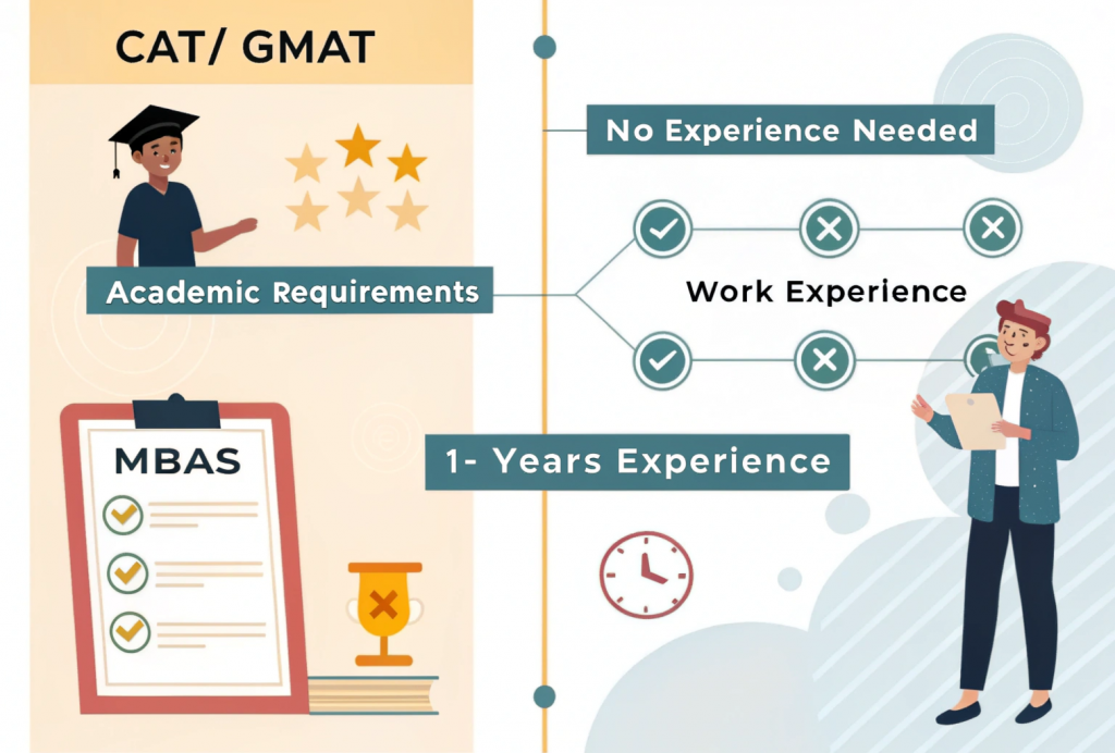 Eligibility criteria for MBA online without work experience, showing academic degree and flexible work experience options for fresh graduates.